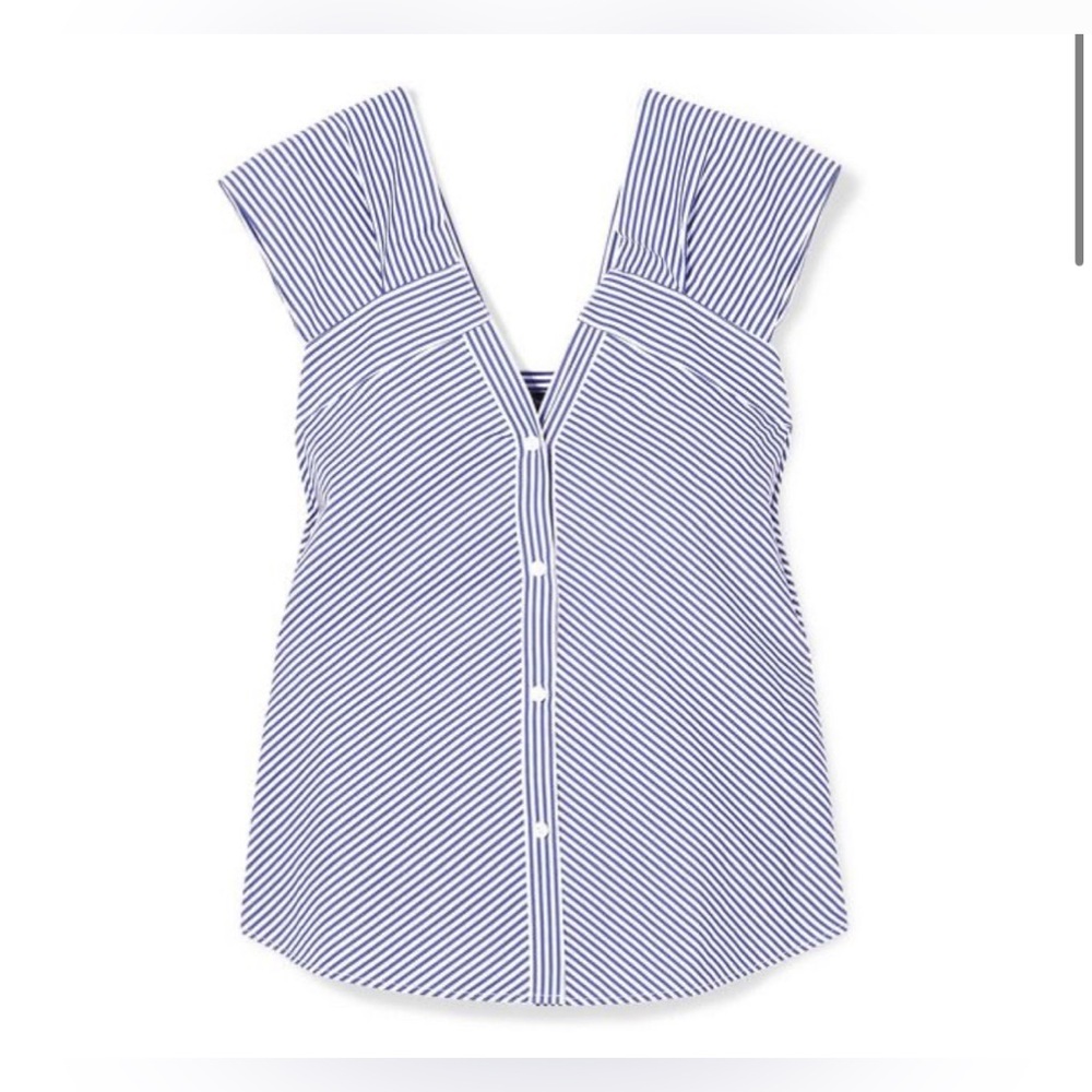 Theory Top Womens Small Blue V-Neck Off Shoulder Hartman Striped Cotton